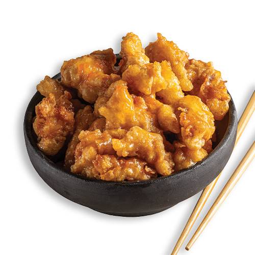עוף בלימון, רצועות עוף בציפוי פריך ברוטב חמוץ מתוק.
