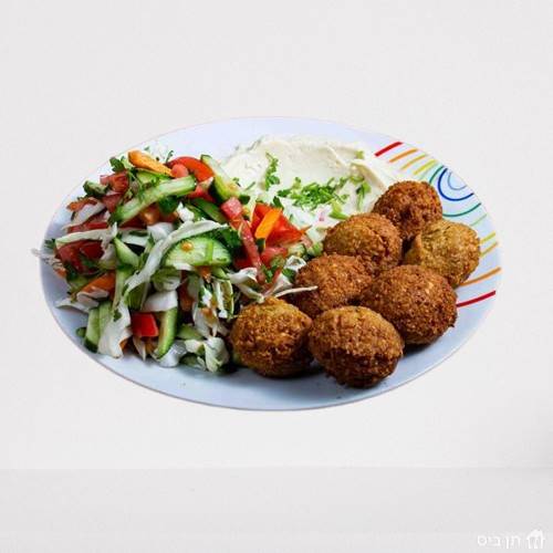 פלאפל בצלחת, מוגש עם פיתה, צ׳יפס וסלטים