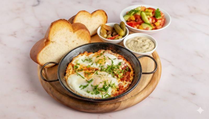 שקשוקה, רוטב עגבניות עשיר, 2 ביצים ועשבי תבלין מוגש עם טחינה וחלה