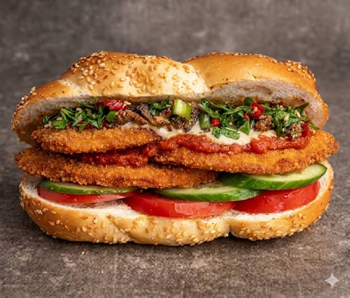 חלה שניצל של איציק ורותי, בחרו סלטים וממרחים, מוגש לצד סלט חמוצי הבית קטן

