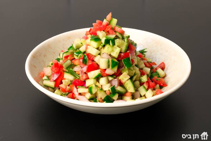 סלט קצוץ דקדק (גדול), עגבניה, מלפפון, בצל סגול, שמן זית ולימון
