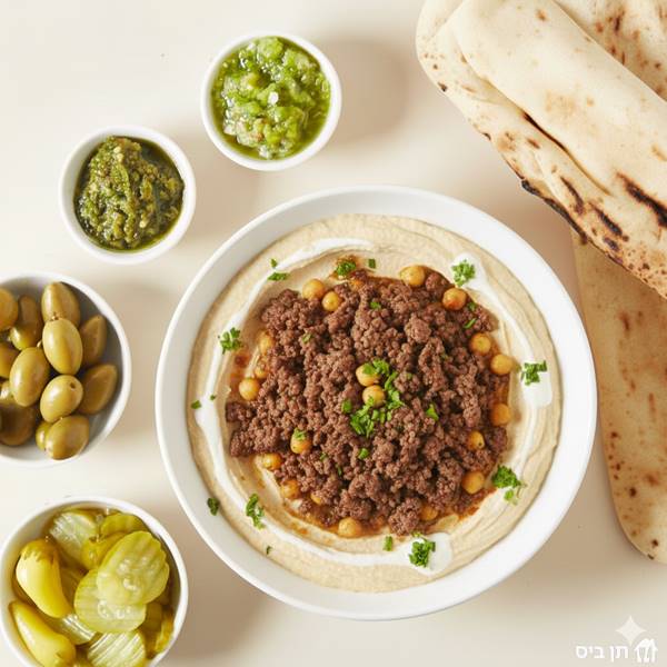 חומוס עם טלה טחון, מוגש עם 2 פיתות אפויות במקום, שמן זית סורי משובח, פטרוזיליה קצוצה, התחמיץ של נרי וחמוצים.
המנה לא מוגשת עם בצל