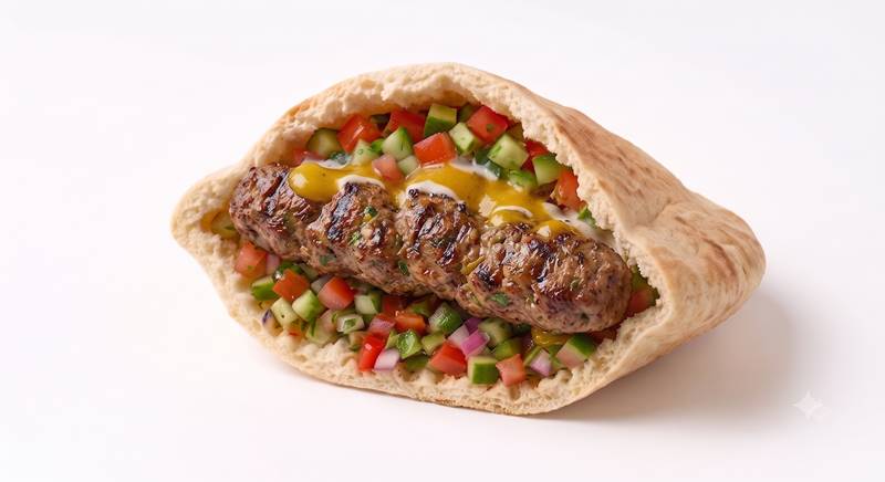 שיפוד קבב בפיתה, שיפוד קבב וסלטים בפיתה + 2 סלטים/רטבים בצד.