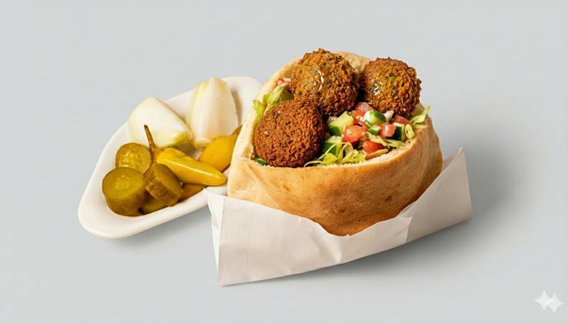 פלאפל, מוגש בפיתה / בבאגט עם בחירה של סלטים

